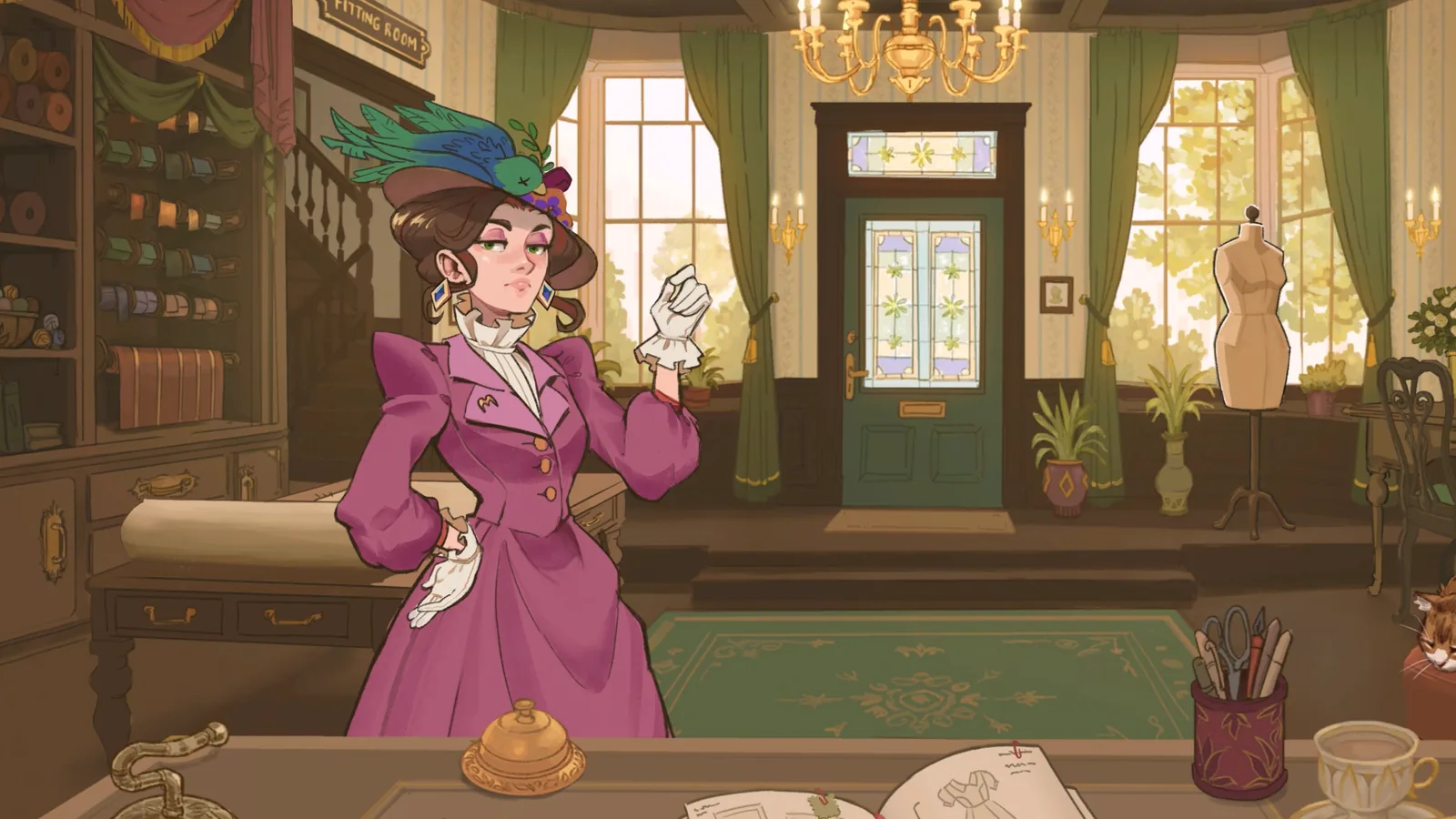 Prudence at the shop counter in the full version of Dressmaker