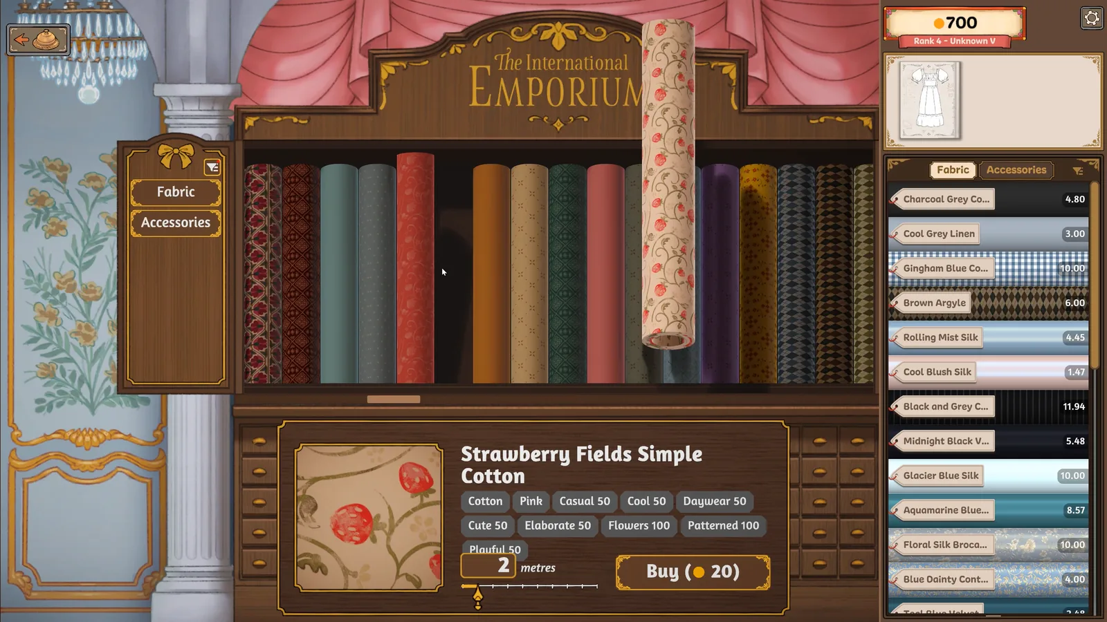 Dressmaker’s base-game fabric shop showing bolts and fabric tags