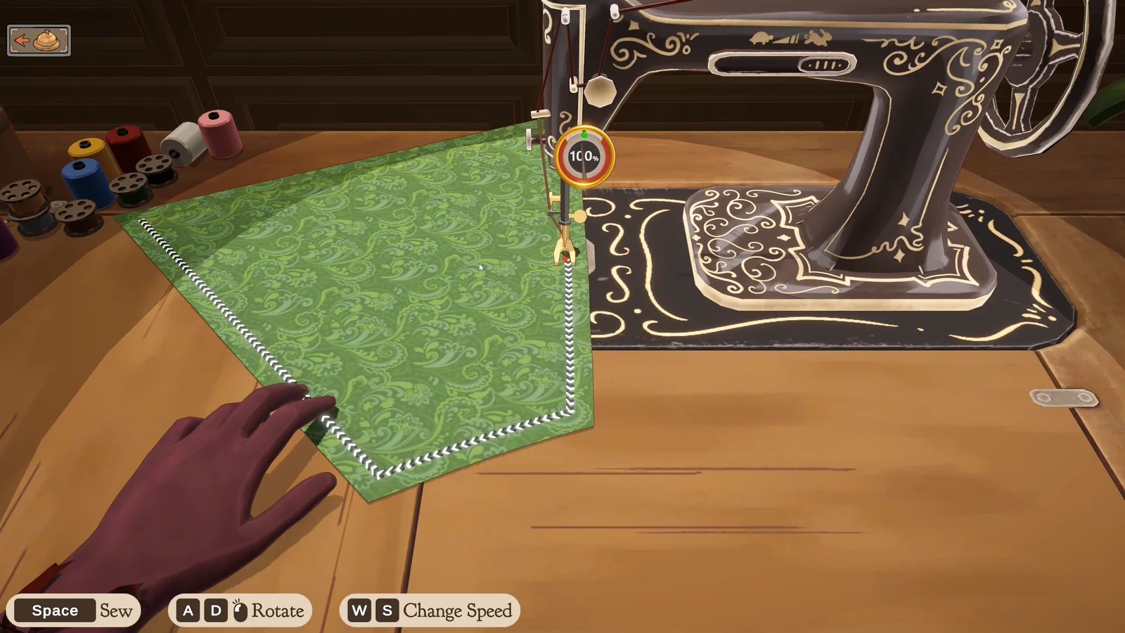 Dressmaker sewing-machine view with a curved seam and prompts for Space to sew, A and D to rotate, and W and S to change speed